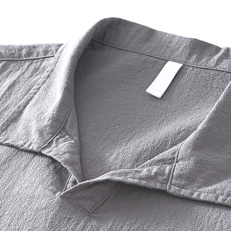 Buddha Stones Vintage Plain Simple Design Men's Short Sleeve Cotton Linen Shirt Clothing With Pockets - image 2