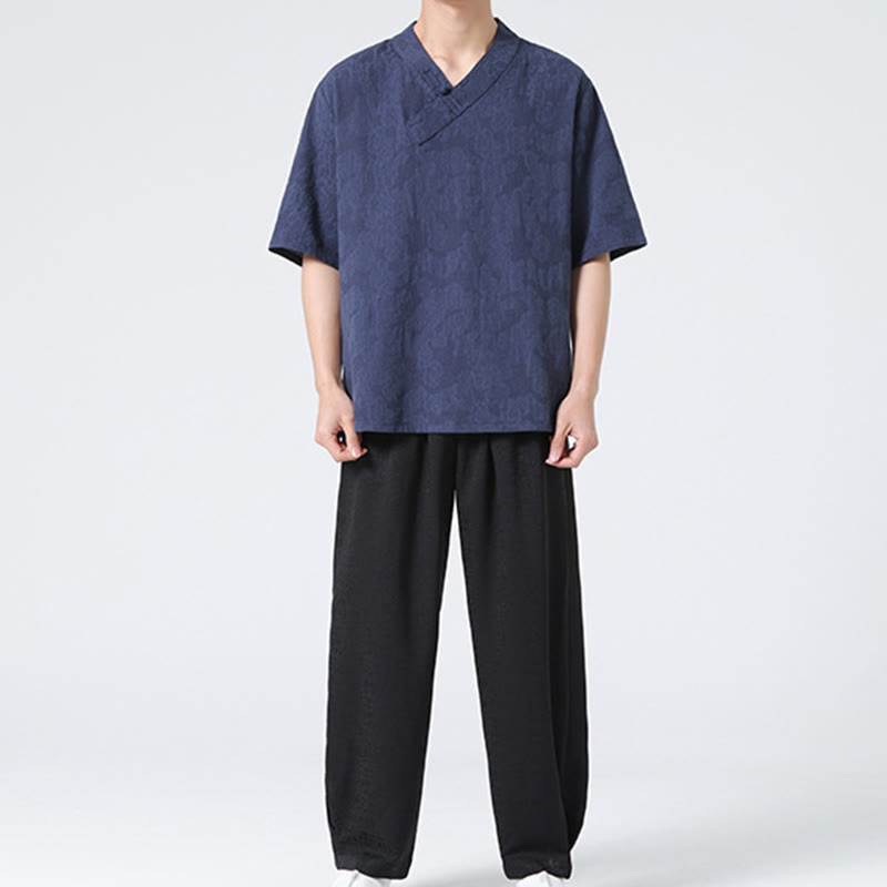 Buddha Stones Ethnic Distressed Jacquard Frog-Button Men's Stand Collar Half Sleeve Cotton Linen Shirt Tai Chi Clothes - image 1