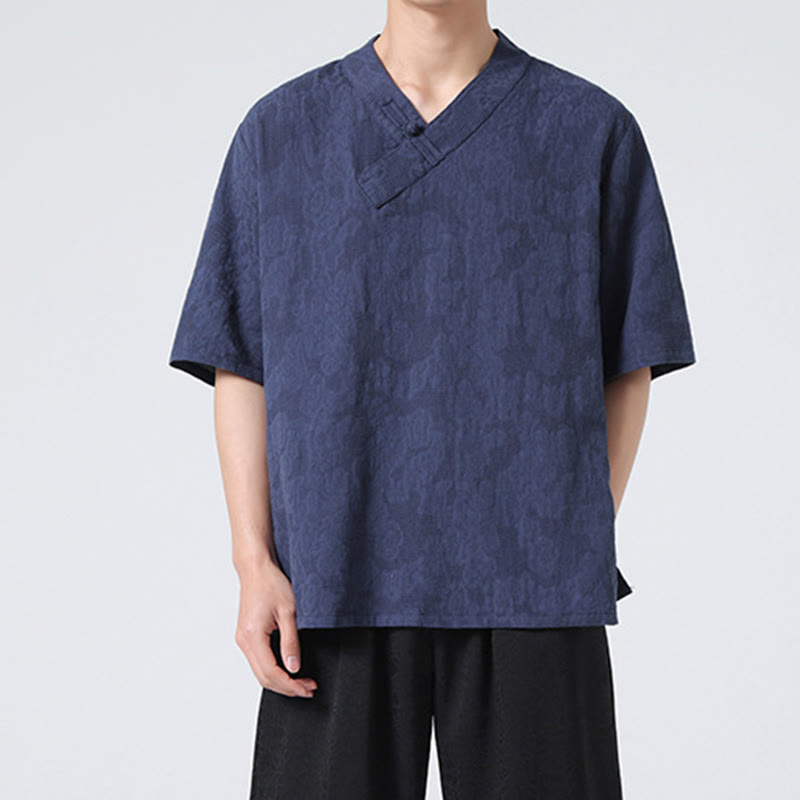Buddha Stones Ethnic Distressed Jacquard Frog-Button Men's Stand Collar Half Sleeve Cotton Linen Shirt Tai Chi Clothes - image 6