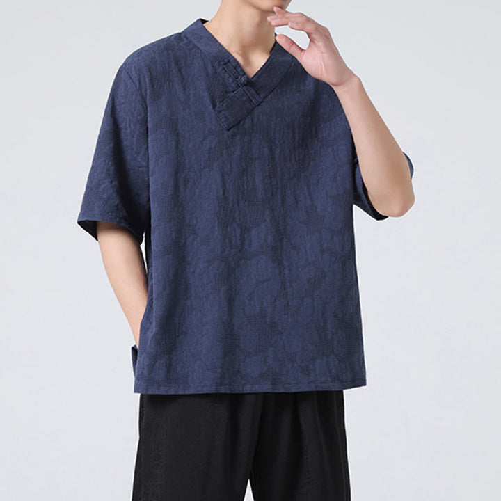 Buddha Stones Ethnic Distressed Jacquard Frog-Button Men's Stand Collar Half Sleeve Cotton Linen Shirt Tai Chi Clothes - image 8