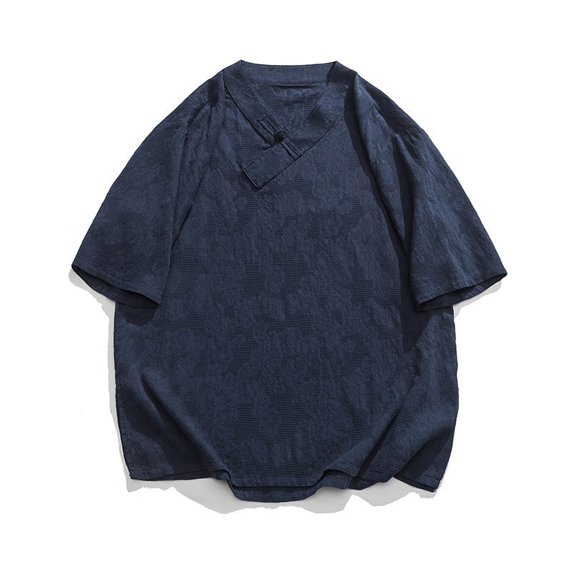 Buddha Stones Ethnic Distressed Jacquard Frog-Button Men's Stand Collar Half Sleeve Cotton Linen Shirt Tai Chi Clothes - DarkSlateBlue - US/UK/AU46，EU56 (5XL) - image 0