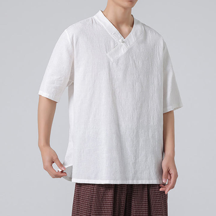 Buddha Stones Ethnic Distressed Jacquard Frog-Button Men's Stand Collar Half Sleeve Cotton Linen Shirt Tai Chi Clothes - image 24