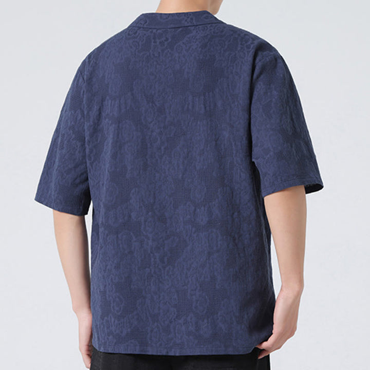 Buddha Stones Ethnic Distressed Jacquard Frog-Button Men's Stand Collar Half Sleeve Cotton Linen Shirt Tai Chi Clothes - image 9