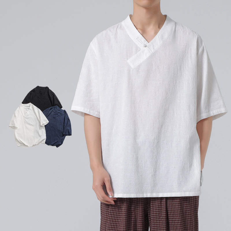 Buddha Stones Ethnic Distressed Jacquard Frog-Button Men's Stand Collar Half Sleeve Cotton Linen Shirt Tai Chi Clothes - image 23