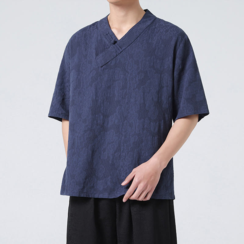 Buddha Stones Ethnic Distressed Jacquard Frog-Button Men's Stand Collar Half Sleeve Cotton Linen Shirt Tai Chi Clothes - image 3