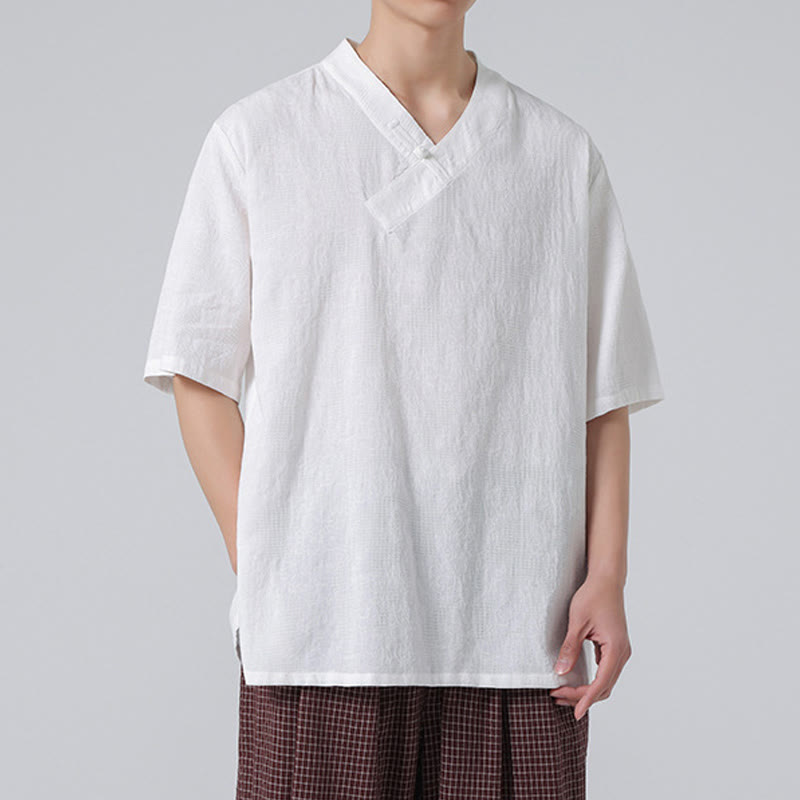 Buddha Stones Ethnic Distressed Jacquard Frog-Button Men's Stand Collar Half Sleeve Cotton Linen Shirt Tai Chi Clothes - image 29