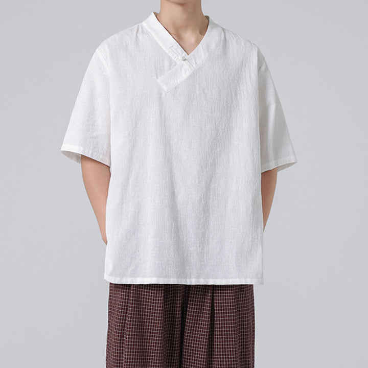 Buddha Stones Ethnic Distressed Jacquard Frog-Button Men's Stand Collar Half Sleeve Cotton Linen Shirt Tai Chi Clothes - image 26