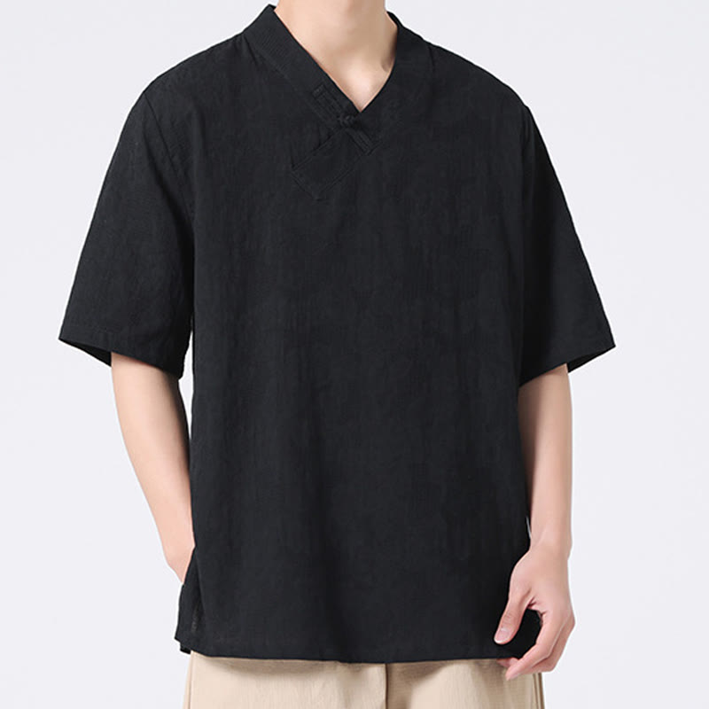 Buddha Stones Ethnic Distressed Jacquard Frog-Button Men's Stand Collar Half Sleeve Cotton Linen Shirt Tai Chi Clothes - image 20