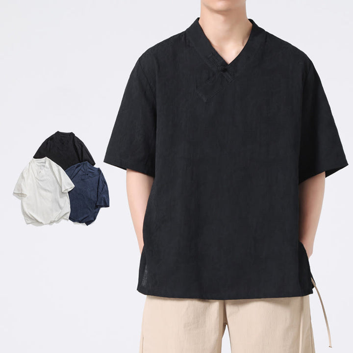 Buddha Stones Ethnic Distressed Jacquard Frog-Button Men's Stand Collar Half Sleeve Cotton Linen Shirt Tai Chi Clothes - image 14