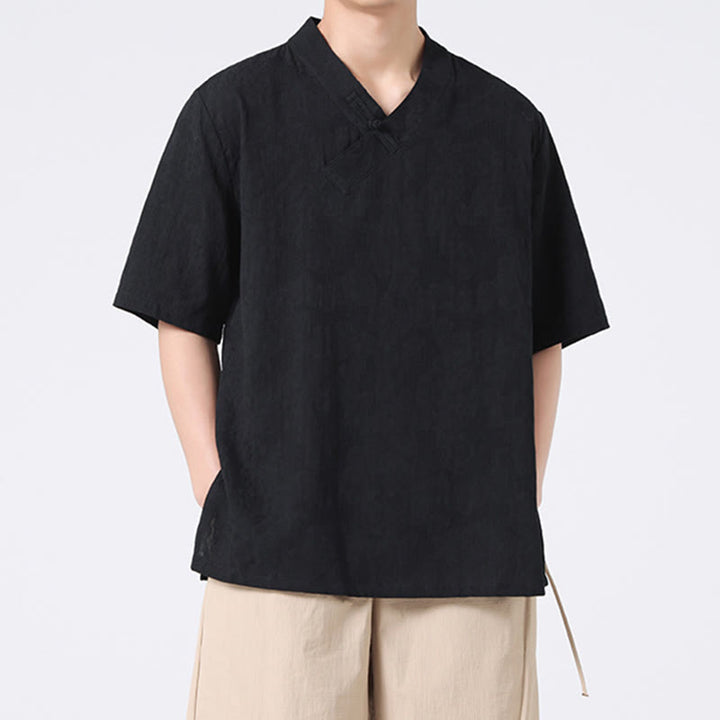Buddha Stones Ethnic Distressed Jacquard Frog-Button Men's Stand Collar Half Sleeve Cotton Linen Shirt Tai Chi Clothes - image 17
