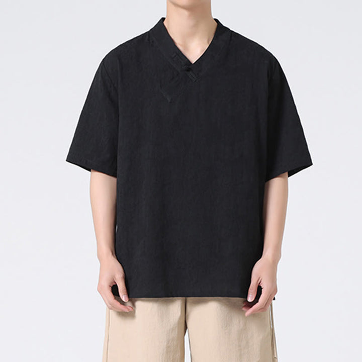 Buddha Stones Ethnic Distressed Jacquard Frog-Button Men's Stand Collar Half Sleeve Cotton Linen Shirt Tai Chi Clothes - image 16