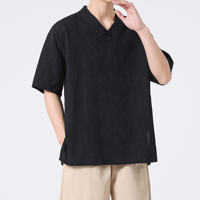 Buddha Stones Ethnic Distressed Jacquard Frog-Button Men's Stand Collar Half Sleeve Cotton Linen Shirt Tai Chi Clothes - image 19