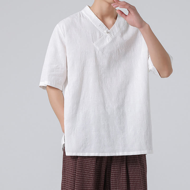 Buddha Stones Ethnic Distressed Jacquard Frog-Button Men's Stand Collar Half Sleeve Cotton Linen Shirt Tai Chi Clothes - image 28