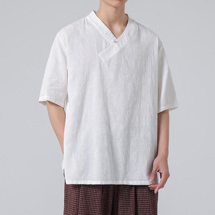 Buddha Stones Ethnic Distressed Jacquard Frog-Button Men's Stand Collar Half Sleeve Cotton Linen Shirt Tai Chi Clothes - image 29