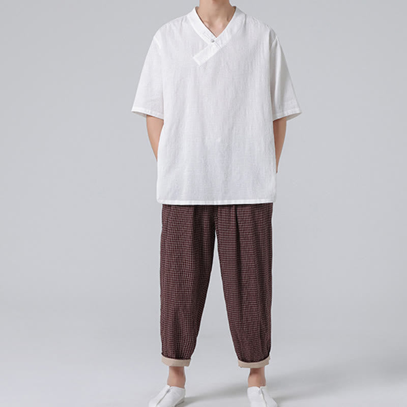 Buddha Stones Ethnic Distressed Jacquard Frog-Button Men's Stand Collar Half Sleeve Cotton Linen Shirt Tai Chi Clothes - image 22