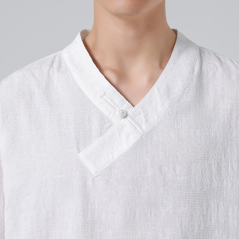 Buddha Stones Ethnic Distressed Jacquard Frog-Button Men's Stand Collar Half Sleeve Cotton Linen Shirt Tai Chi Clothes - image 31