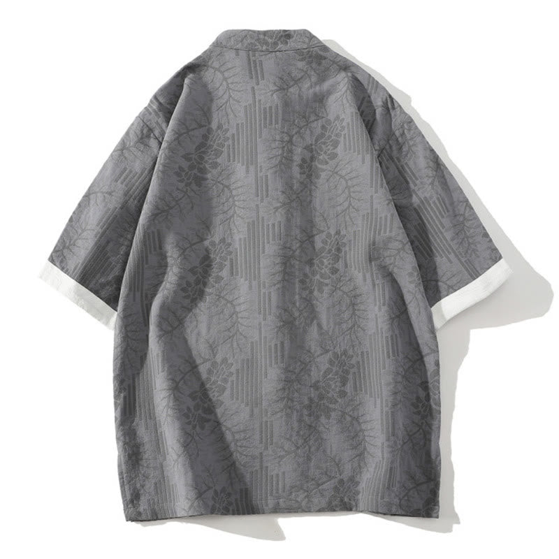 Buddha Stones Casual Summer Jacquard Floral Pattern Frog-Button Men's Stand Collar Contrasting Color Half Sleeve Cotton Cardigan Shirt - image 6
