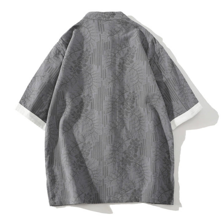 Buddha Stones Casual Summer Jacquard Floral Pattern Frog-Button Men's Stand Collar Contrasting Color Half Sleeve Cotton Cardigan Shirt - image 6