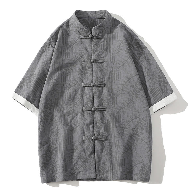 Buddha Stones Casual Summer Jacquard Floral Pattern Frog-Button Men's Stand Collar Contrasting Color Half Sleeve Cotton Cardigan Shirt - DarkGray - US/UK/AU46，EU56 (5XL) - image 5