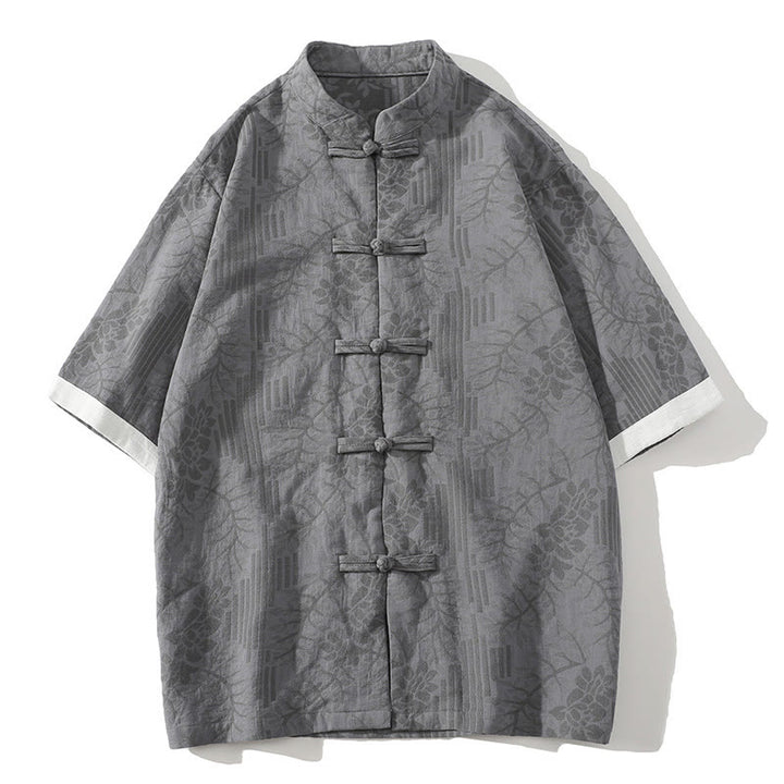 Buddha Stones Casual Summer Jacquard Floral Pattern Frog-Button Men's Stand Collar Contrasting Color Half Sleeve Cotton Cardigan Shirt - DarkGray - US/UK/AU46，EU56 (5XL) - image 5