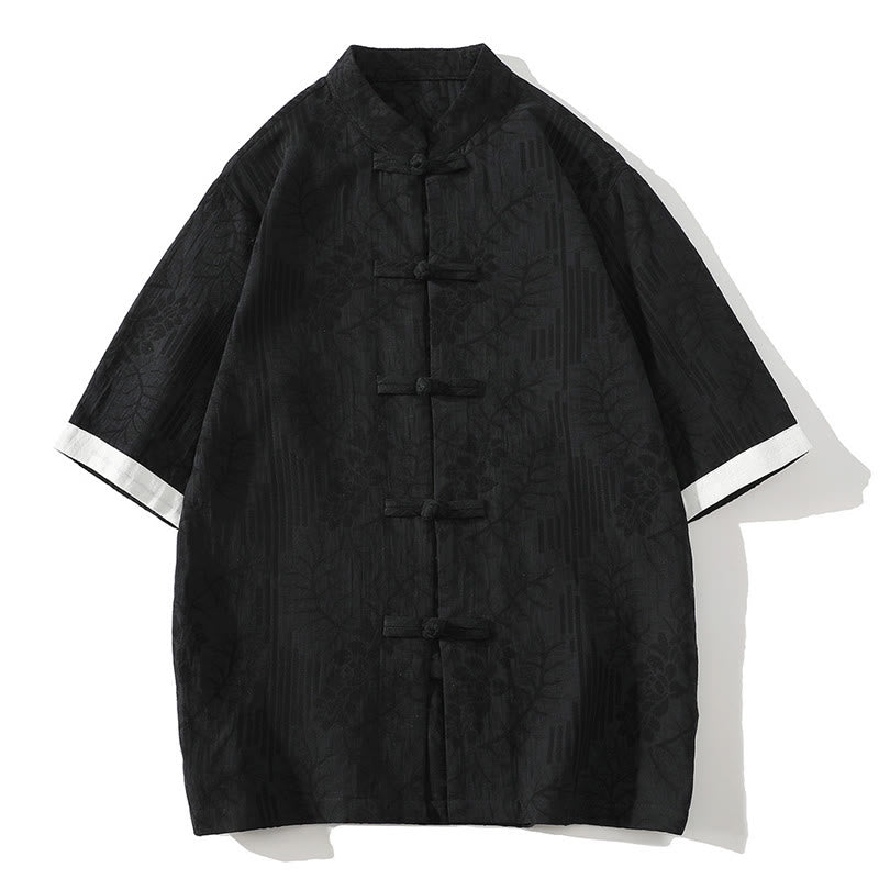 Buddha Stones Casual Summer Jacquard Floral Pattern Frog-Button Men's Stand Collar Contrasting Color Half Sleeve Cotton Cardigan Shirt - Black - US/UK/AU46，EU56 (5XL) - image 9