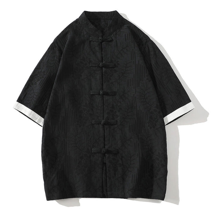 Buddha Stones Casual Summer Jacquard Floral Pattern Frog-Button Men's Stand Collar Contrasting Color Half Sleeve Cotton Cardigan Shirt - Black - US/UK/AU46，EU56 (5XL) - image 9