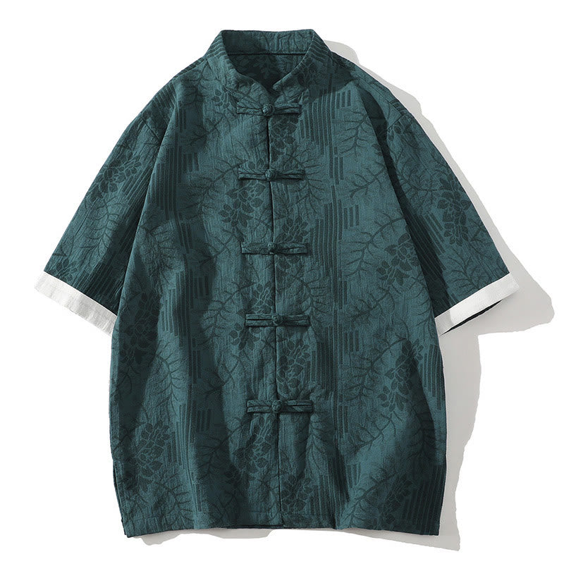 Buddha Stones Casual Summer Jacquard Floral Pattern Frog-Button Men's Stand Collar Contrasting Color Half Sleeve Cotton Cardigan Shirt - Teal - US/UK/AU46，EU56 (5XL) - image 0