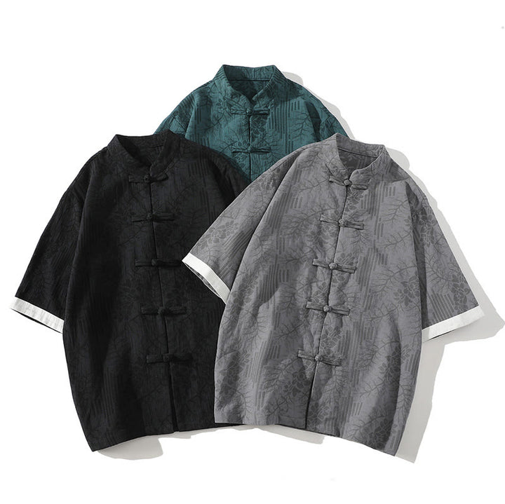 Buddha Stones Casual Summer Jacquard Floral Pattern Frog-Button Men's Stand Collar Contrasting Color Half Sleeve Cotton Cardigan Shirt - image 10