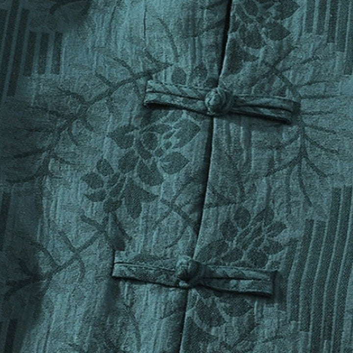 Buddha Stones Casual Summer Jacquard Floral Pattern Frog-Button Men's Stand Collar Contrasting Color Half Sleeve Cotton Cardigan Shirt - image 2