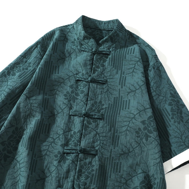 Buddha Stones Casual Summer Jacquard Floral Pattern Frog-Button Men's Stand Collar Contrasting Color Half Sleeve Cotton Cardigan Shirt - image 1