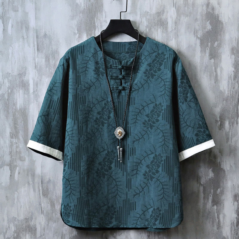 Buddha Stones Casual Retro Jacquard Chinese Frog-Button Design Men's Crew Neck Half Sleeve Cotton Shirt - Teal - US/UK/AU46，EU56 (5XL) - image 5