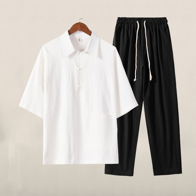 Buddha Stones Casual 2Pcs Pure Color Half Button Design Shirt Drawstring Pants Men's Cotton Linen Meditation Cloth Set With Pockets - White Top Black Pants - US/UK/AU46，EU56 (5XL) - image 0
