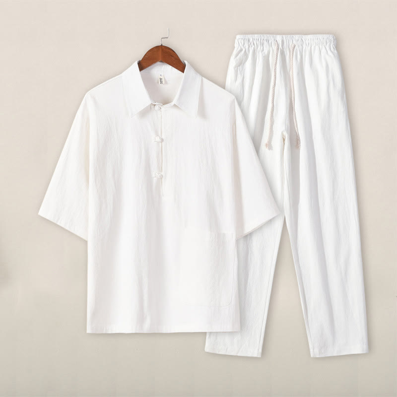 Buddha Stones Casual 2Pcs Pure Color Half Button Design Shirt Drawstring Pants Men's Cotton Linen Meditation Cloth Set With Pockets - White Top White Pants - US/UK/AU46，EU56 (5XL) - image 11