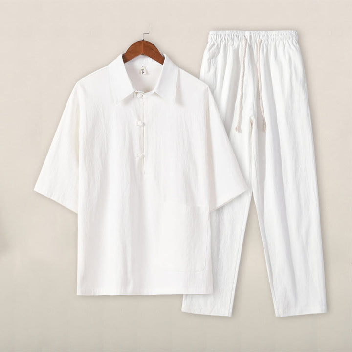 Buddha Stones Casual 2Pcs Pure Color Half Button Design Shirt Drawstring Pants Men's Cotton Linen Meditation Cloth Set With Pockets - White Top White Pants - US/UK/AU46，EU56 (5XL) - image 11