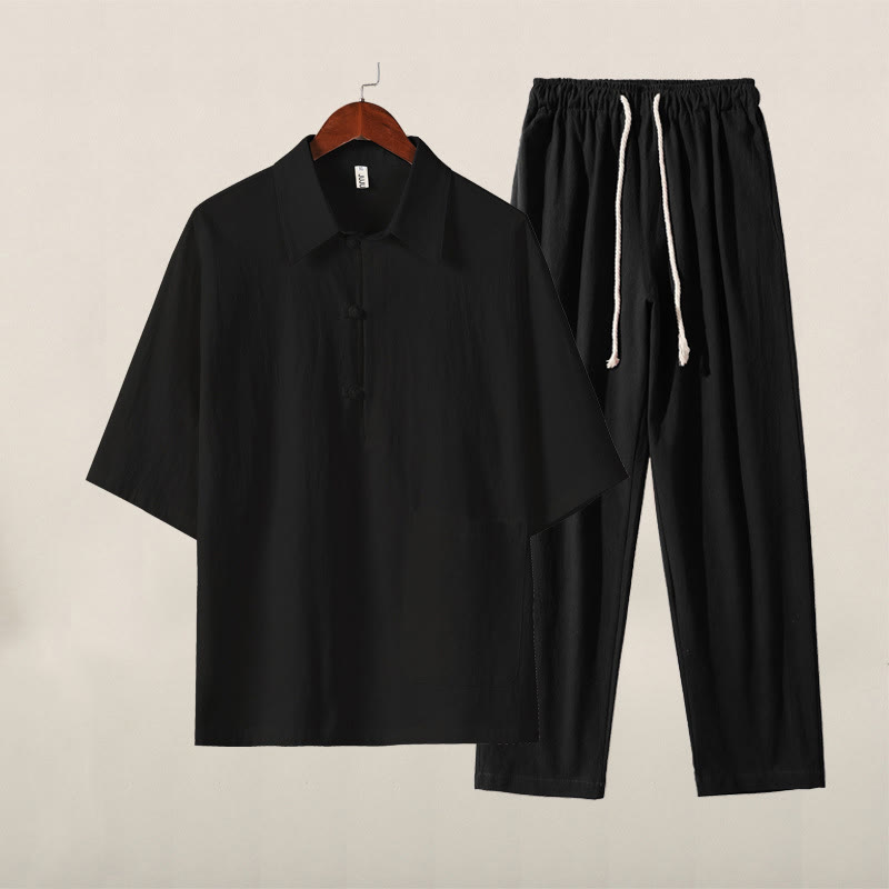 Buddha Stones Casual 2Pcs Pure Color Half Button Design Shirt Drawstring Pants Men's Cotton Linen Meditation Cloth Set With Pockets - Black Top Black Pants - US/UK/AU46，EU56 (5XL) - image 12