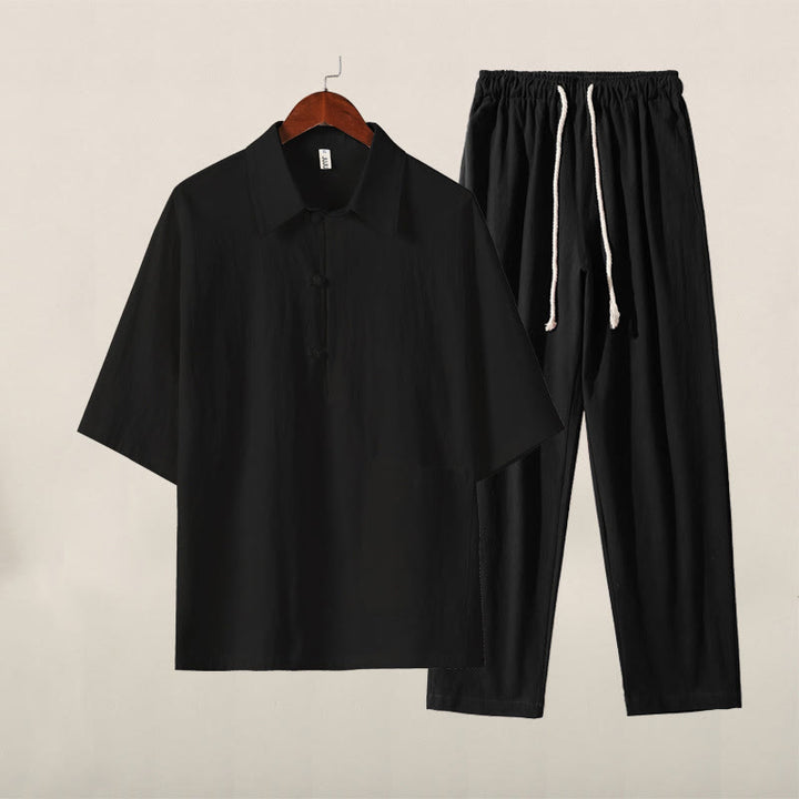 Buddha Stones Casual 2Pcs Pure Color Half Button Design Shirt Drawstring Pants Men's Cotton Linen Meditation Cloth Set With Pockets - Black Top Black Pants - US/UK/AU46，EU56 (5XL) - image 12