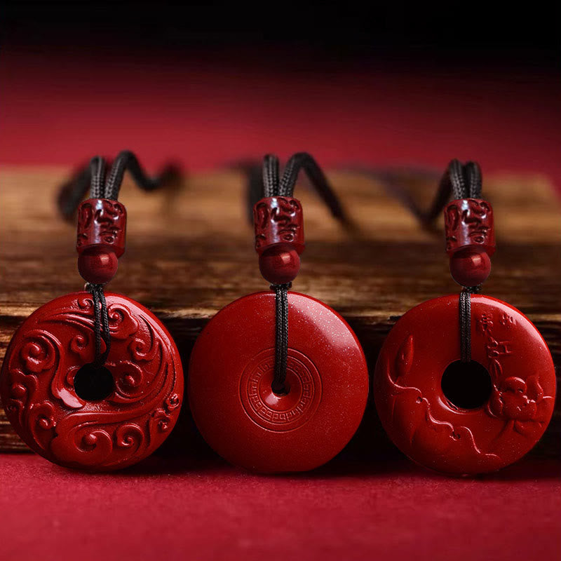 Buddha Stones Natural Cinnabar Lotus Peace Buckle Blessing Necklace String Pendant - image 1