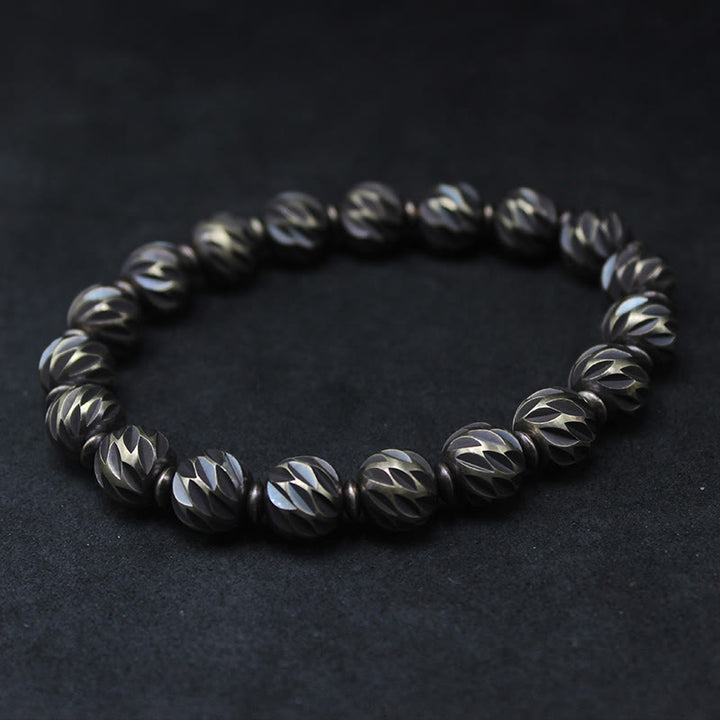 Buddha Stones Vintage Distressed Knife Carving Pattern Copper Brass Beads Wealth Bracelet - Retro Style-0.31in(Wrist Circumference: 7.9-8.3in) - image 0