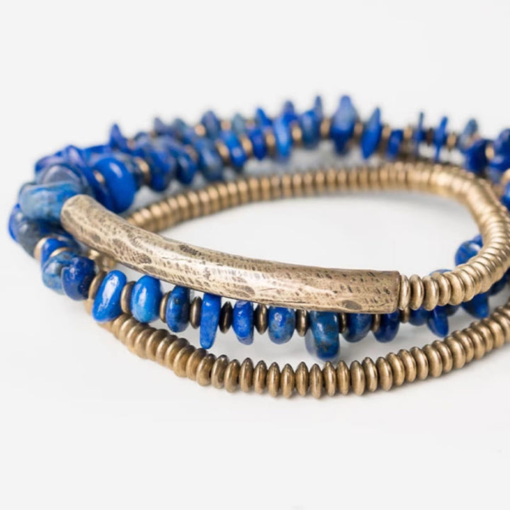 Buddha Stones Irregular Shape Triple Wrap Lazurite Lapis Lazuli Balance Bracelet - image 4