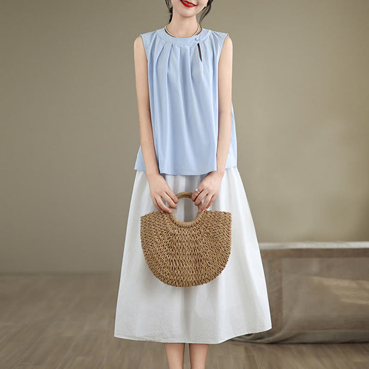 Buddha Stones Summer Solid Color Pleated Design Halter Neck Sleeveless Cotton Linen Women's Vest - image 4