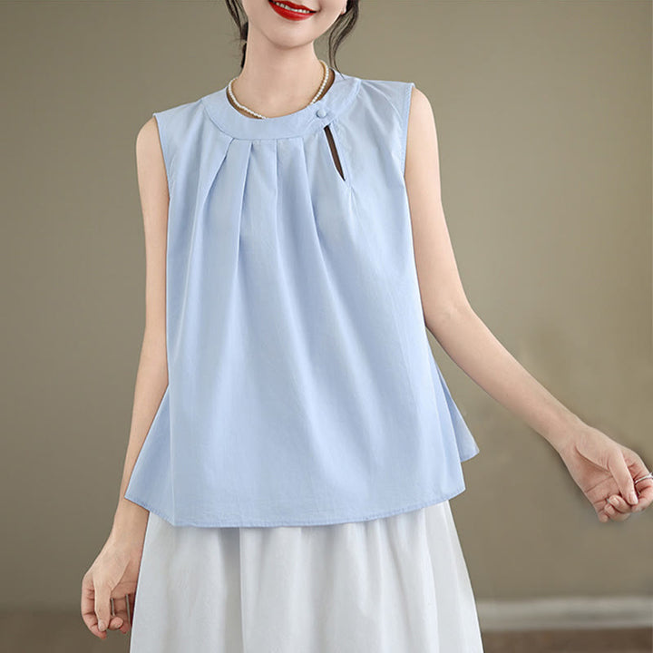 Buddha Stones Summer Solid Color Pleated Design Halter Neck Sleeveless Cotton Linen Women's Vest - LightSkyBlue - US8-10，UK/AU12-14，EU40-42 (2XL) - image 0