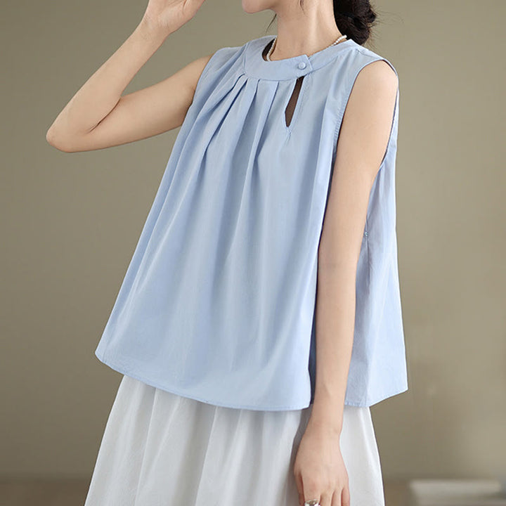 Buddha Stones Summer Solid Color Pleated Design Halter Neck Sleeveless Cotton Linen Women's Vest - image 2