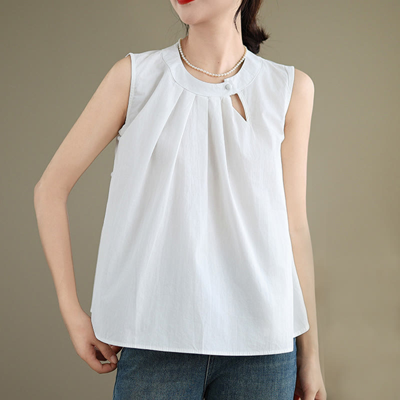 Buddha Stones Summer Solid Color Pleated Design Halter Neck Sleeveless Cotton Linen Women's Vest - image 13