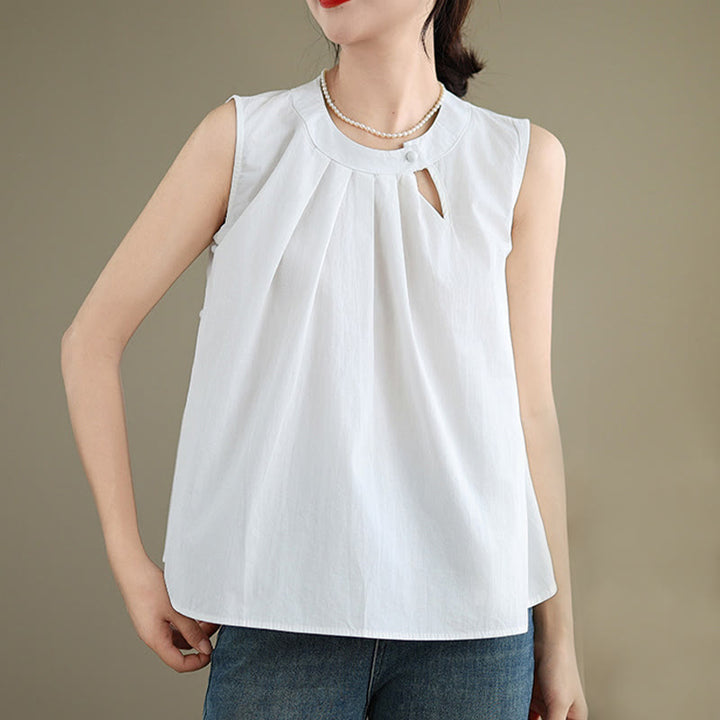 Buddha Stones Summer Solid Color Pleated Design Halter Neck Sleeveless Cotton Linen Women's Vest - image 13