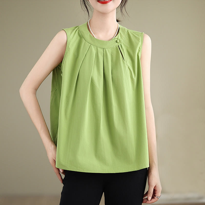 Buddha Stones Summer Solid Color Pleated Design Halter Neck Sleeveless Cotton Linen Women's Vest - image 20