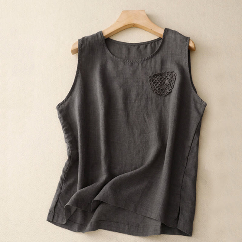 Buddha Stones Casual Pure Color Embroidery Patchwork Design Sleeveless Crew Neck Women's Vest - DarkOliveGreen - US12，UK/AU16，EU44 (3XL) - image 15