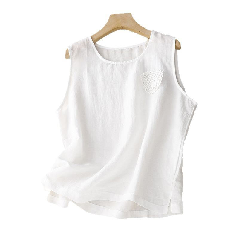 Buddha Stones Casual Pure Color Embroidery Patchwork Design Sleeveless Crew Neck Women's Cotton Linen Vest - image 24