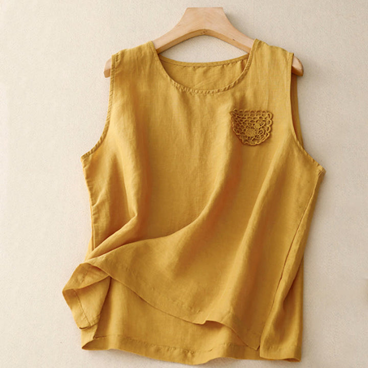 Buddha Stones Casual Pure Color Embroidery Patchwork Design Sleeveless Crew Neck Women's Vest - Gold - US12，UK/AU16，EU44 (3XL) - image 0