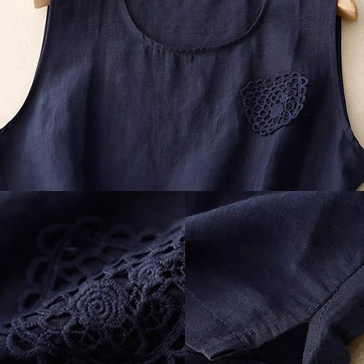 Buddha Stones Casual Pure Color Embroidery Patchwork Design Sleeveless Crew Neck Women's Vest - image 10