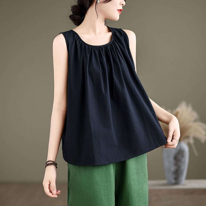 Buddha Stones Summer Artistic Solid Color Pleated Crew Neck Design Women's Cotton Linen  Vest - Black - US12，UK/AU16，EU44 (2XL) - image 10